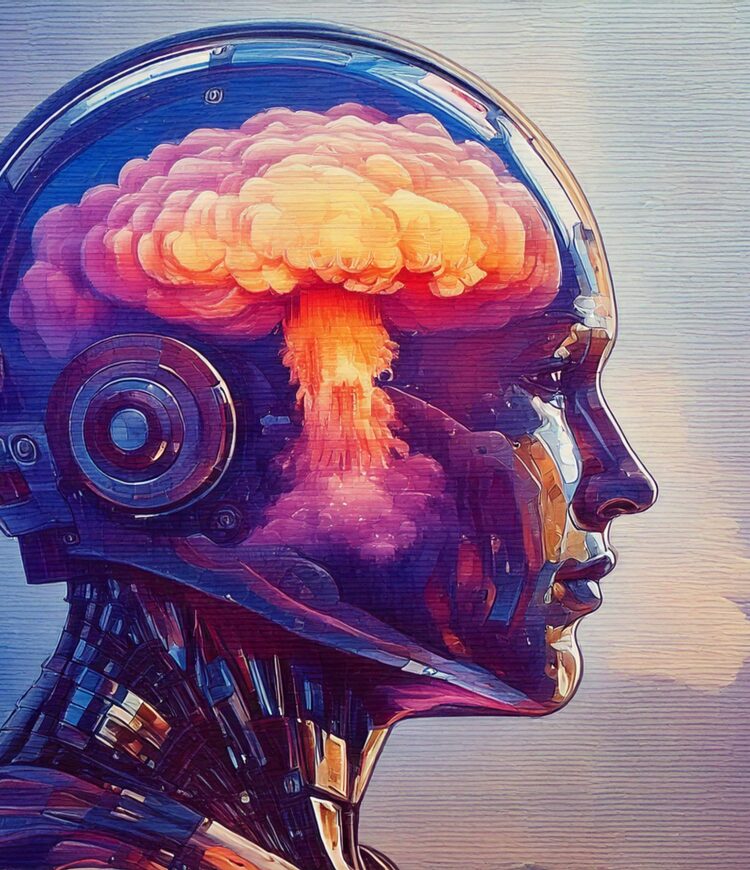 profile view of a robotic head with an artistic depiction of a nuclear warhead detonation