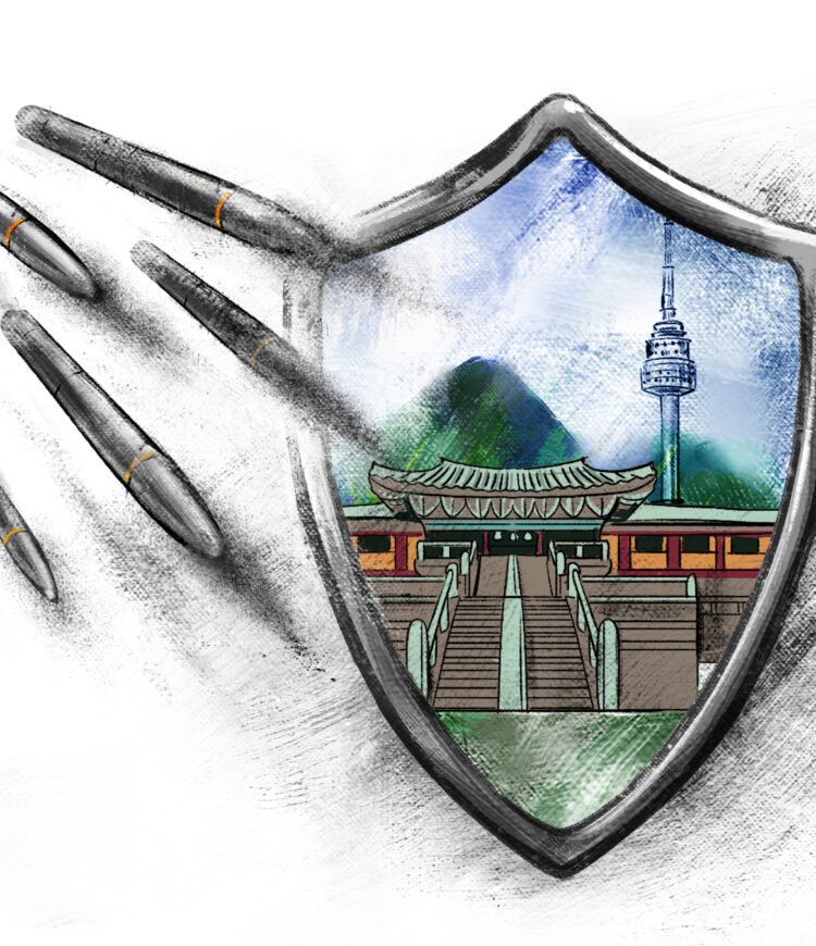 Artwork of an image of South Korea within the outline of a shield. Multiple missiles are fizzling out as they approach the shield.