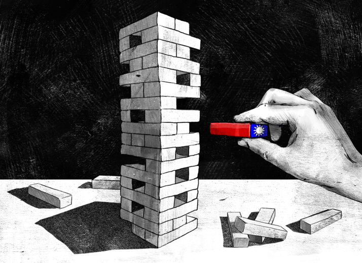 Black and white art of a hand removing a Jenga piece from the middle of a tower. The Jenga piece is illustrated with the Taiwan flag