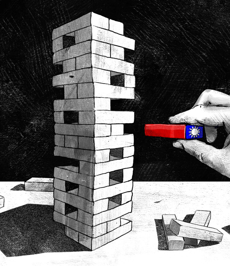 Black and white art of a hand removing a Jenga piece from the middle of a tower. The Jenga piece is illustrated with the Taiwan flag