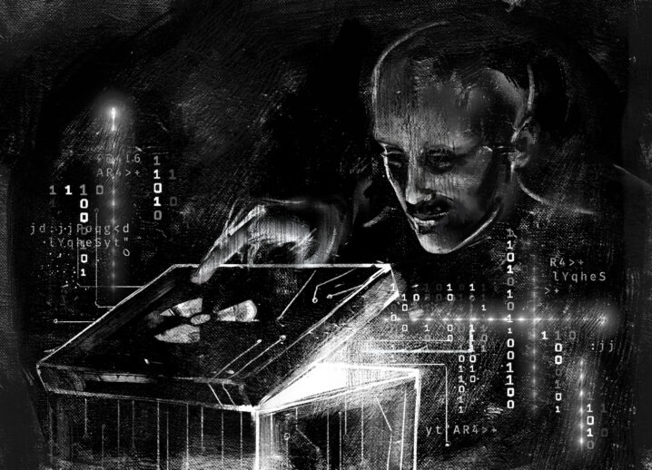 Black and white art featuring a shadowy figure opening up a box with a nuclear emblem on top.