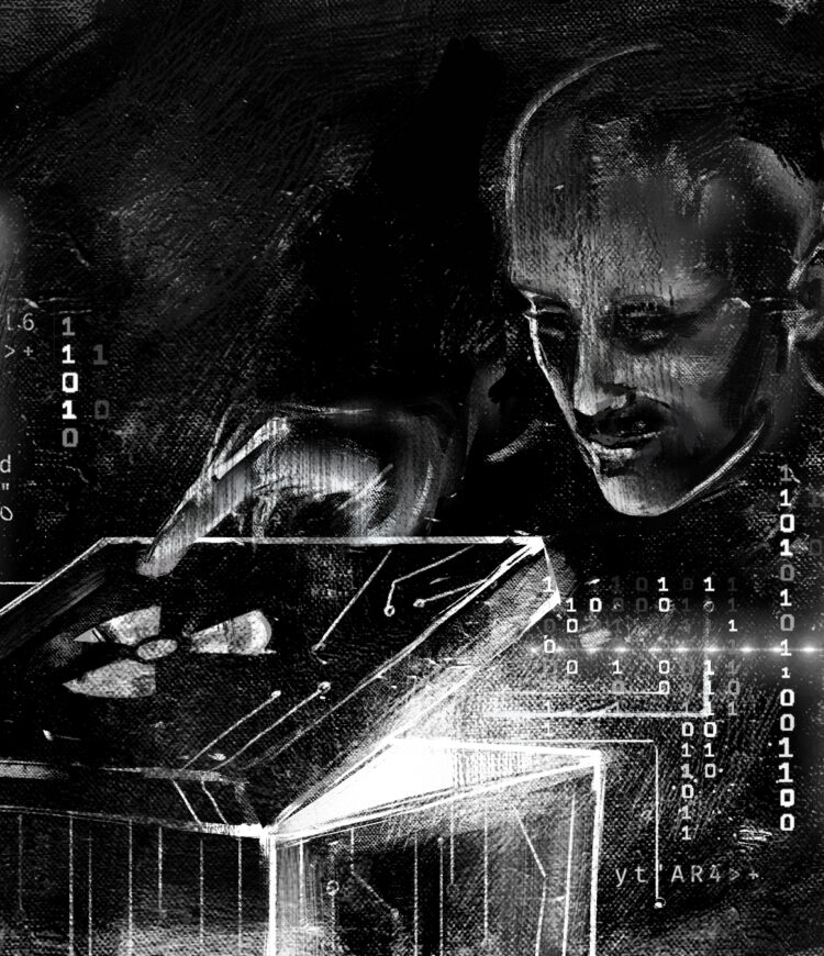Black and white art featuring a shadowy figure opening up a box with a nuclear emblem on top.