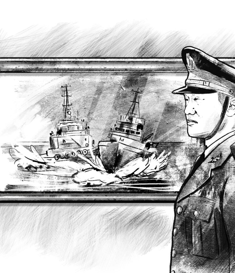 A pencil art drawing of a Chinese military official viewing the ramming of one boat into another