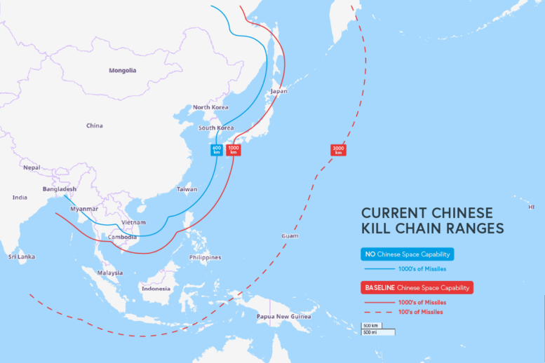 Map of current Chinese kill chain ranges, measured from Chinese territory without Taiwan at 600 km, 1000 km, and 3000 km