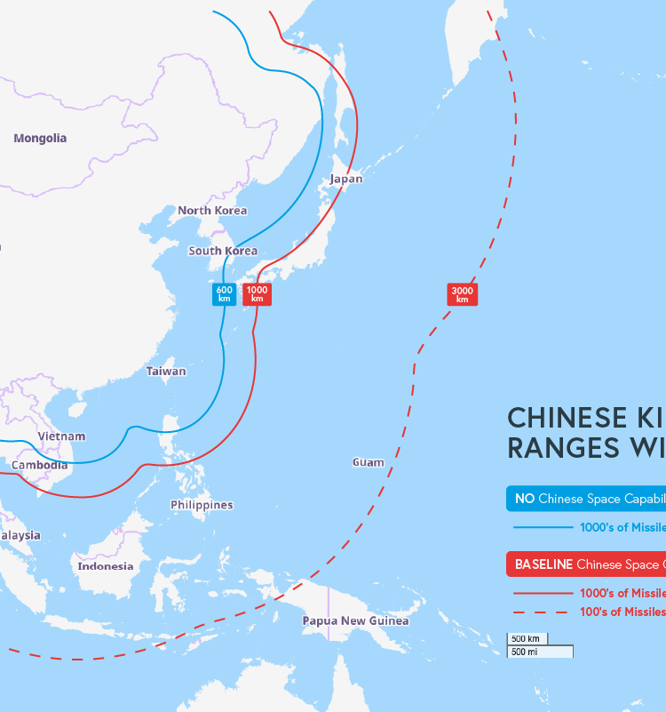 Map of current Chinese kill chain ranges, measured from Chinese territory with Taiwan at 600 km, 1000 km, and 3000 km