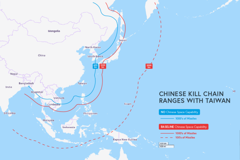 Map of current Chinese kill chain ranges, measured from Chinese territory with Taiwan at 600 km, 1000 km, and 3000 km