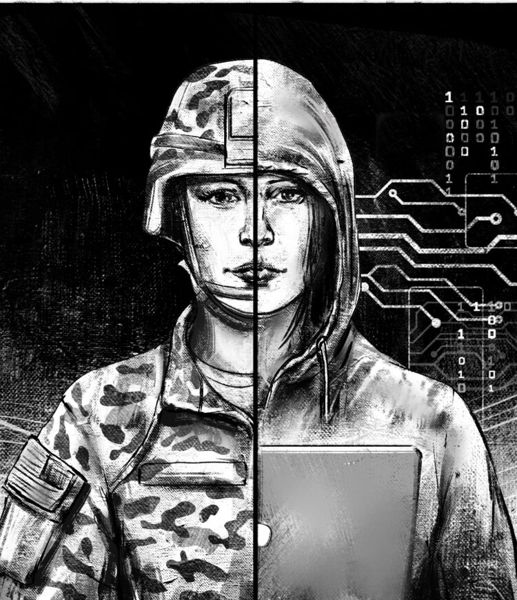 A pencil art drawing of a person, face-on, with the left half of them fitted like a soldier and the right half of them fitted as a computer hacker