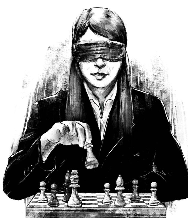 Charcoal illustration of a woman dressed in business attire, playing chess while wearing a blindfold