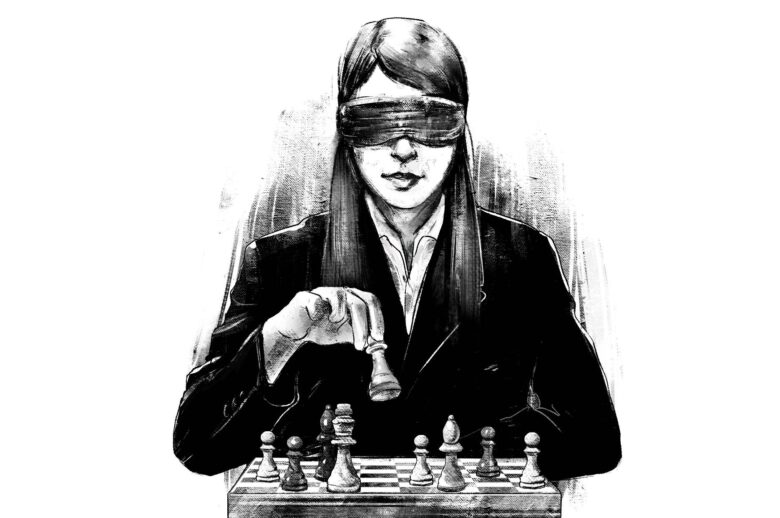 Charcoal illustration of a woman dressed in business attire, playing chess while wearing a blindfold