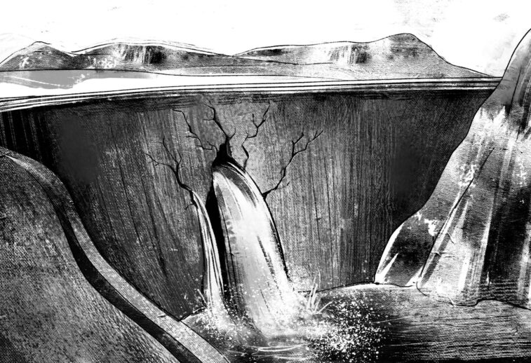 black and white image of a dam with cracks and a water flowing out of a hole