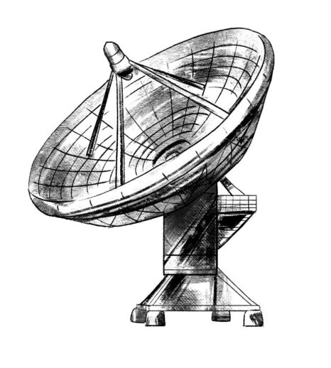 pencil/charcoal drawing of a large satellite dish, pointed at the sky