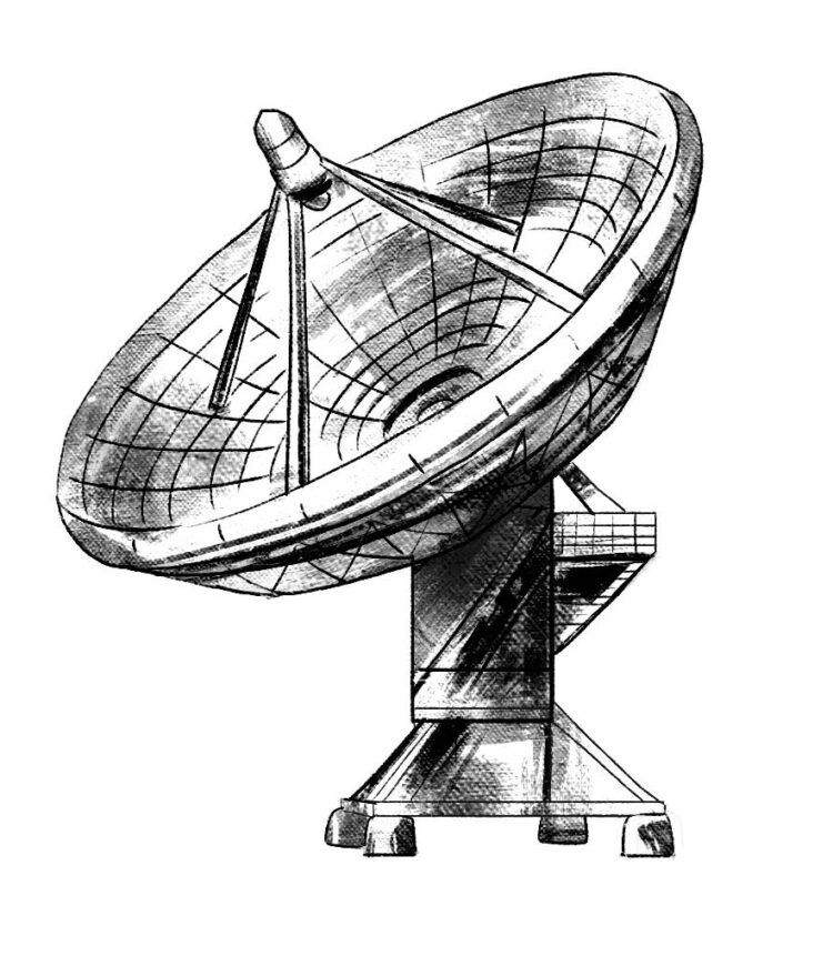 pencil/charcoal drawing of a large satellite dish, pointed at the sky