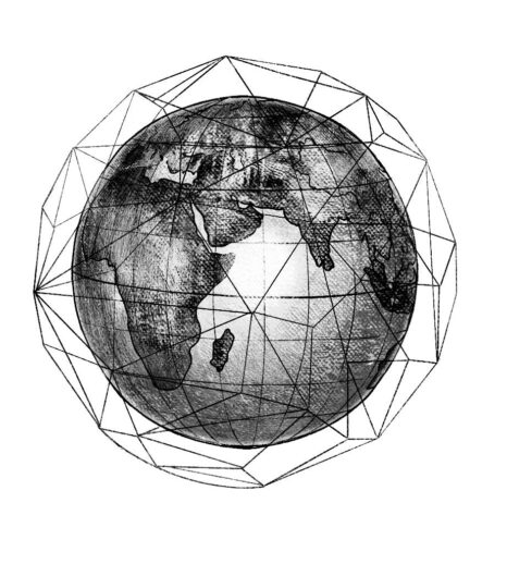 pencil/charcoal drawing of a globe with a net of nodes surrounding it