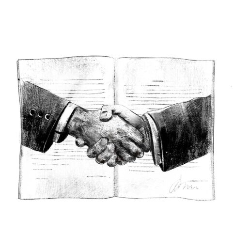 pencil/charcoal drawing of two business men's hands shaking in front of an open book