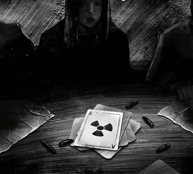 This image shows a dimly lit military strategy table covered with worn maps and scattered bullet casings. At the center lies a single oversized playing card with the nuclear hazard symbol, placed on top of a neatly stacked deck. Around the table, shadowy male and female military figures are partially visible hovering over the card. The strong light–dark contrast draws the eye straight to the card, framing it as the dangerous “final move.”