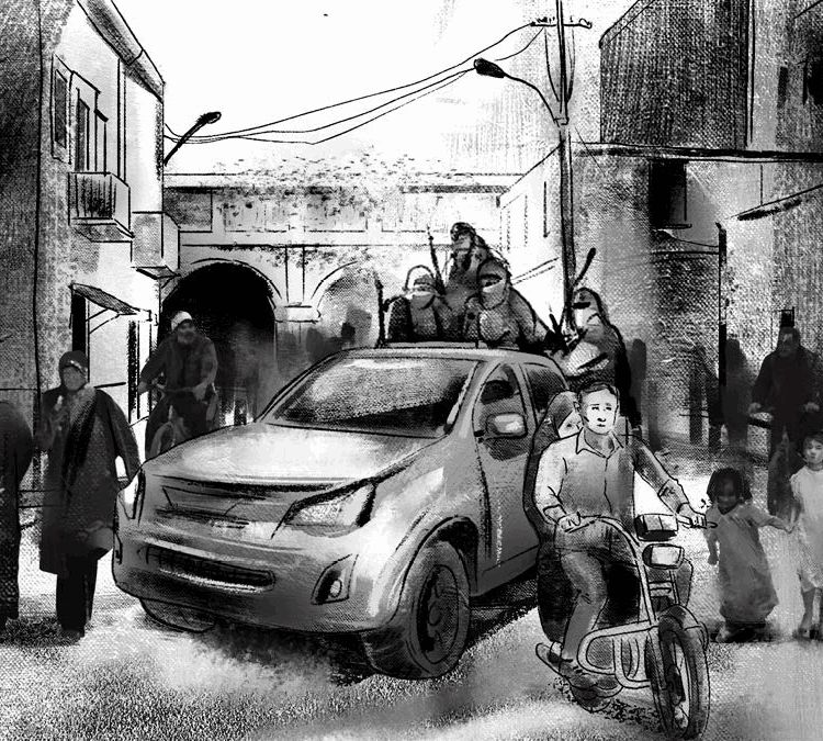 A charcoal drawing shows a dense urban street scene (either the Middle East or South Asia) where everyday commuters on motorbikes and on foot share the road with a pickup truck full of armed militia members. The fighters are calm and blend into the flow of traffic, visually normalized within daily life.