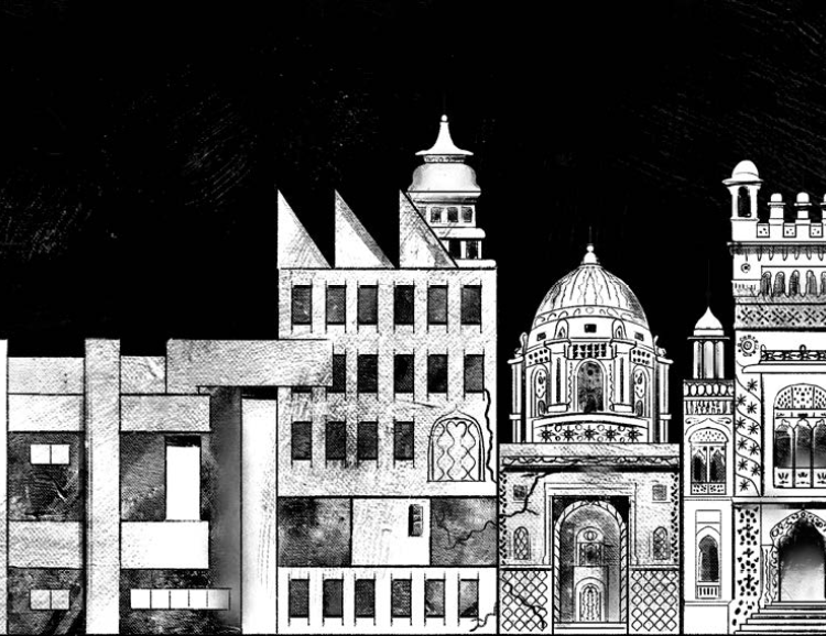 charcoal-style illustration of building facades: western-style on the left, more eastern-style on the right