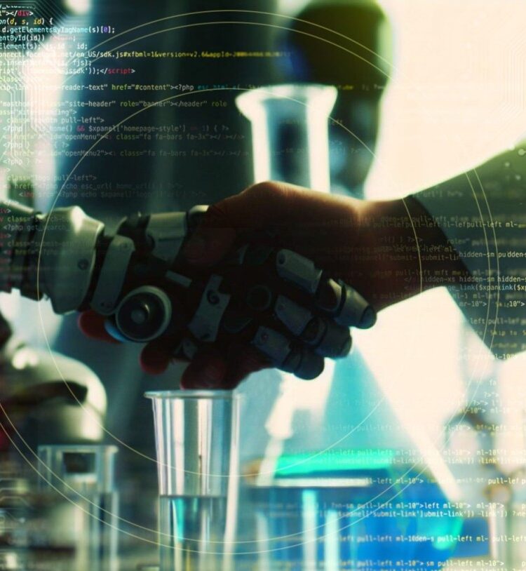 robot hand shaking hands with a human hand