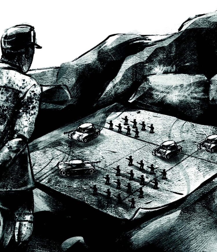 drawing of a soldier standing over and looking at a field of tanks and other soldiers