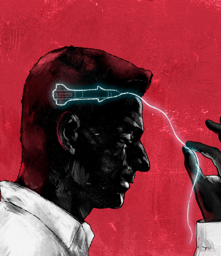 profile view of a silhouetted man, pulling on a thread coming from his brain, where a missile is being formed.