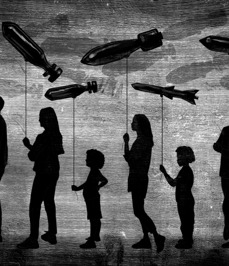 silhouetted art of parents and children waiting in line, holding balloons shaped like rockets and bombs