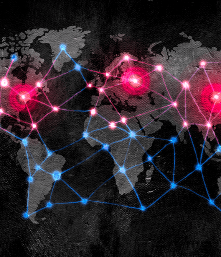 blue and red nodes connected across a map of the globe