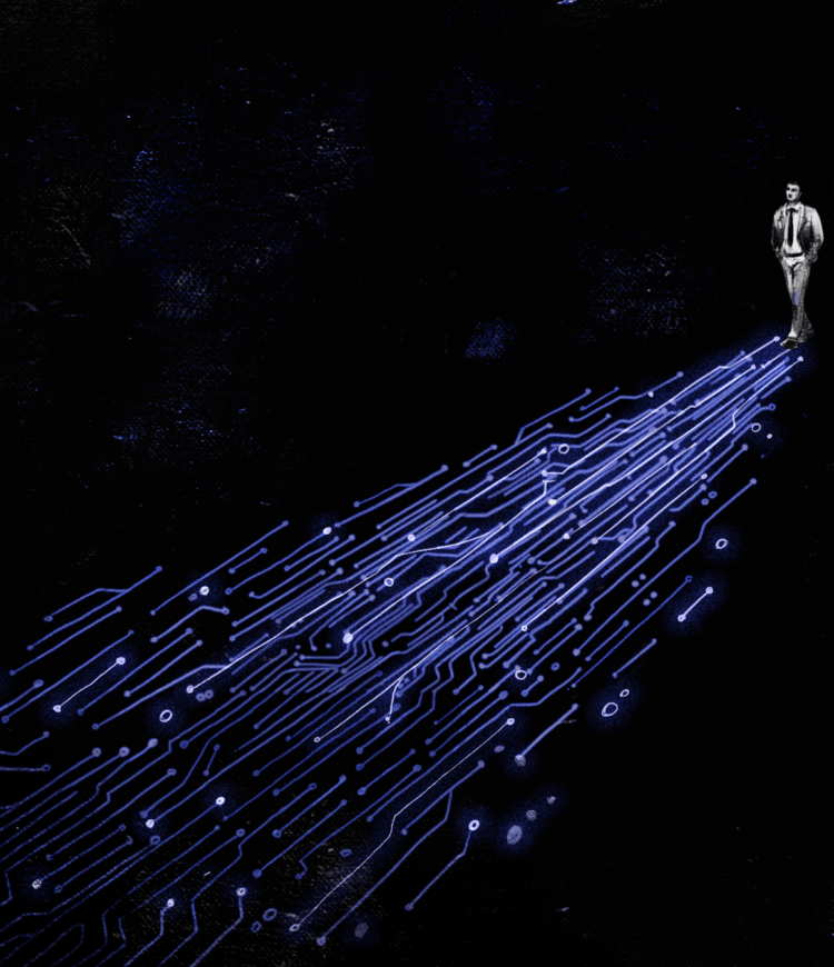 man walking into the darkness with a trail of expanding computer nodes on the ground behind him, in blue