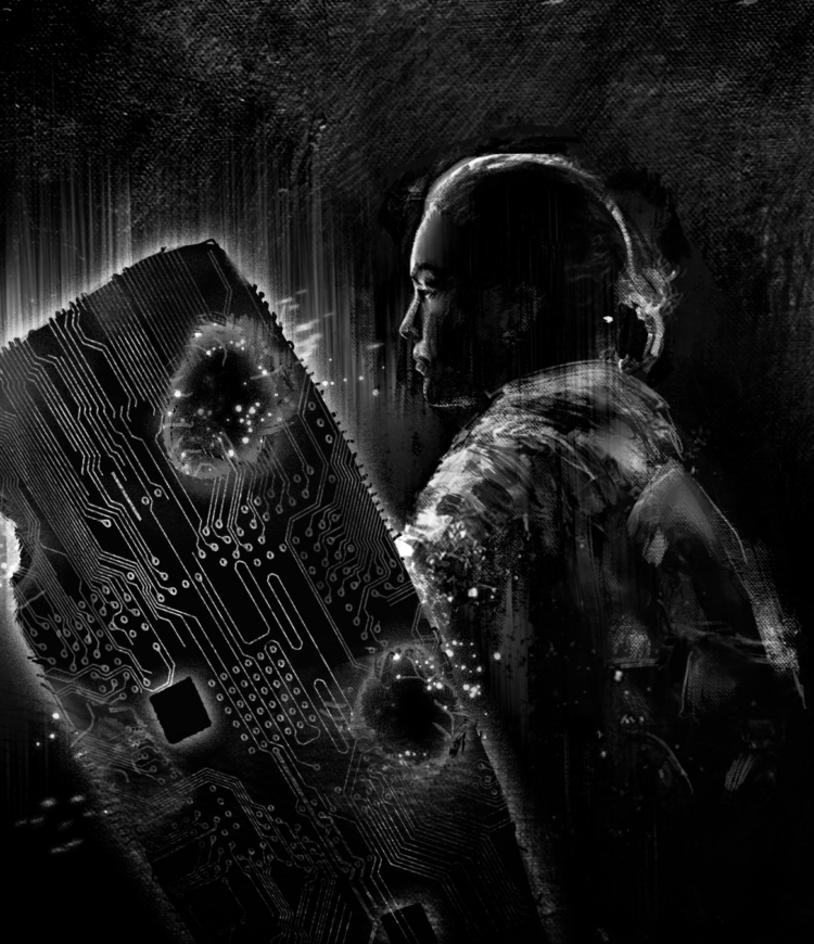 black and white charcoal art of a soldier holding a cyber-inspired shield with holes forming