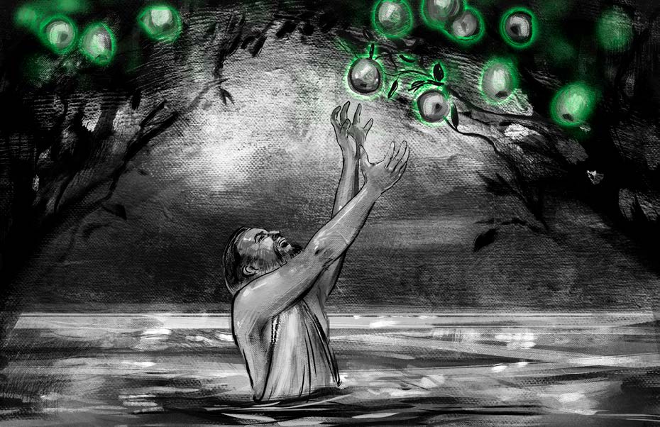 A person standing in water, reaching for glowing green apples hanging from a tree overhead