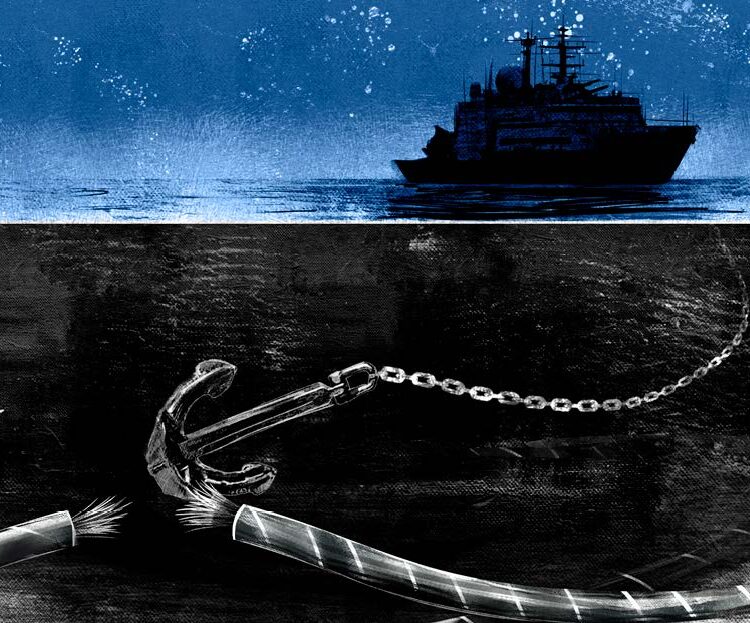 A ship's anchor cutting an undersea cable.