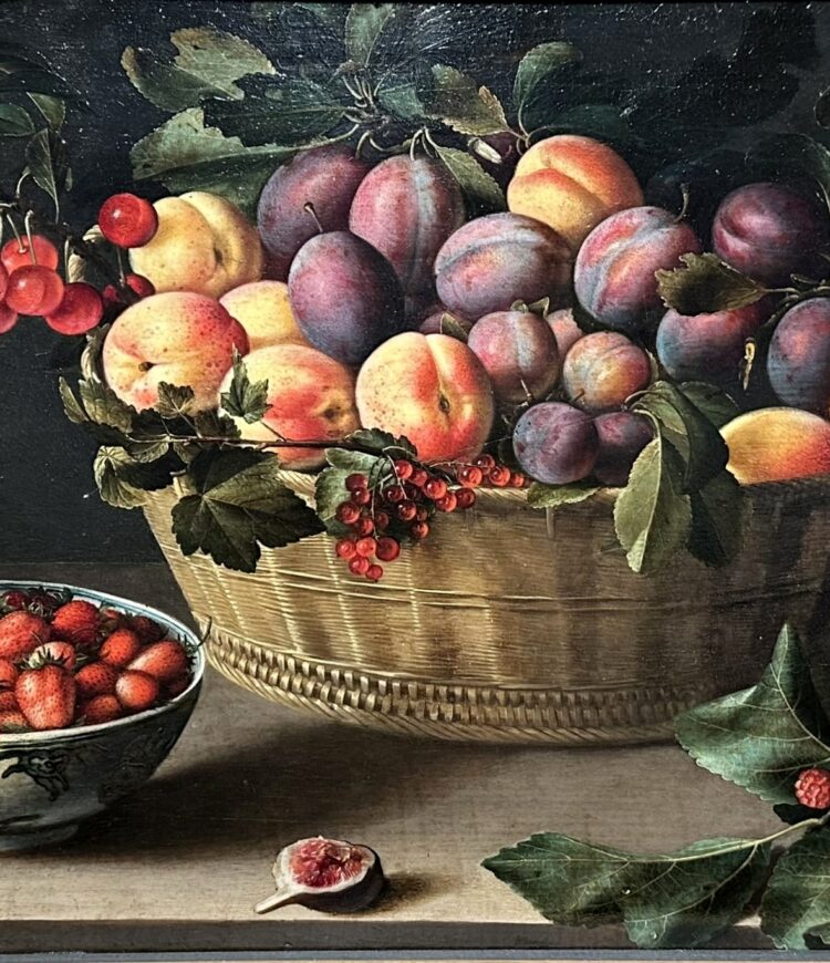 Still Life with a Basket of Plums, Peaches, Cherries, and Redcurrants, Together with Fraises-de-Bois in a Porcelain Bowl, Figs, and Mulberries on a Wooden Ledge (1630) by Louise Moillon